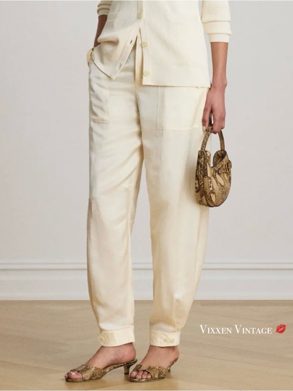 RALPH LAUREN COLLECTION 1995 MID-RISE TAILORED LINEN CARGO ANKLE PANTS IN IVORY